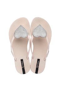 Infradito con una suola in gomma beige testurizzata, dotati di un design a forma di cuore in strass argentati sulla fascia e un accento con logo nero.