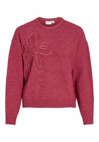 Pull en tricot rouge à col rond, avec un motif de fleur texturée sur le devant et des poignets et un ourlet côtelés. Matière douce.