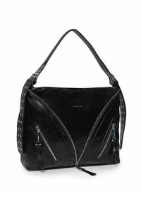 Sac à main en cuir noir avec des détails de fermeture éclair incurvés, plusieurs poches zippées et des accents de sangle à clous. Base plate pour la stabilité.