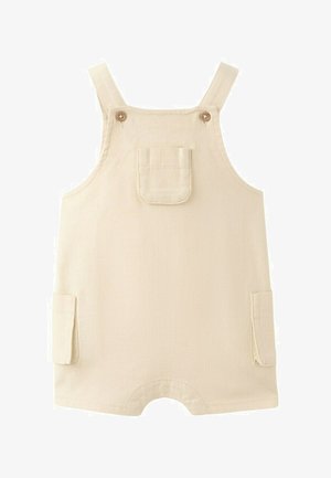 Kremfarvet babydragt med skulderstropper, lomme på brystet foran, to sidelommer og knaplukning på stropperne.