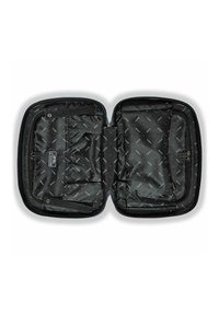 Zwarte laptoptas met een ritssluiting, voorzien van een interieur bekleed met een stoffen patroon. Inclusief vakken en elastische banden voor organisatie.