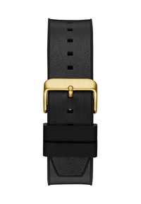 Must must nahkrihm kuldse metalliste pandlatega, mitme reguleerimisauguga ning sileda tekstuuri ja minimalistikku disainiga.