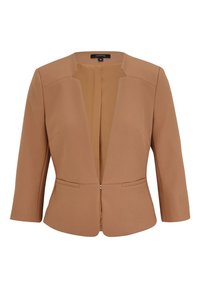 Blazer beige sur mesure avec manches 3/4, design à ouverture frontale et petits revers subtils, présenté sur un fond blanc.