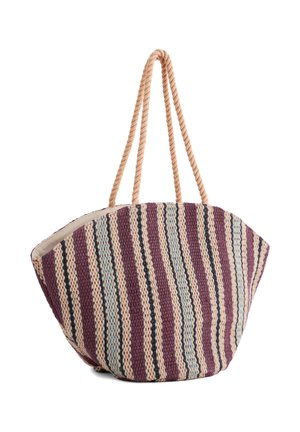 Gestreifte, gewebte Tragetasche in Lila, Beige, Blau und Schwarz mit dicken, verdrehten Seilgriffen.