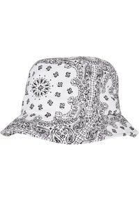 Svart og hvit bandana-mønstret bøttehatt med bred skjerm, laget av lett stoff, med intrikate paisley- og blomsterdesign.