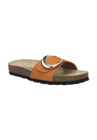 Oranje leren slide sandalen met een zilveren ronde gesp, kurken voetbed en een zwarte rubberen zool met een gestructureerd profiel.