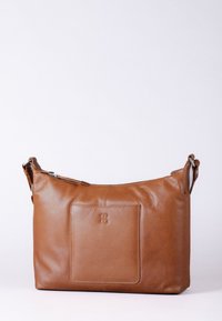 Brown leather shoulder bag with a textured finish, a front pocket, and adjustable strap. Has a smooth zipper and subtle branding detail.