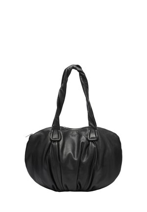 Schwarze Leder-Umhängetasche mit gedrehten Griffen, abgerundeter Form und Reißverschluss oben.