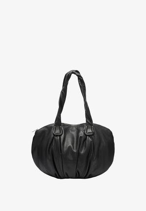 Schwarze Leder-Umhängetasche mit gedrehten Griffen, abgerundeter Form und Reißverschluss oben.