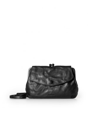 Black leather bag with a flap closure, rounded shape, and a detachable strap. Features a textured surface and a button snap detail.