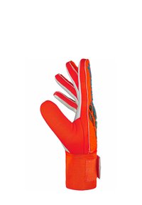 Gant de gardien de but avec un design orange vif et blanc, prise texturée, paume renforcée et bracelet réglable.