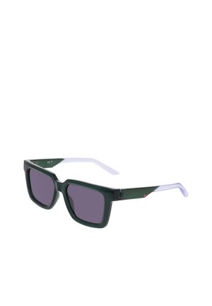 Occhiali da sole rettangolari verde scuro con montature spesse, aste viola e lenti scure, mostrati su uno sfondo bianco.