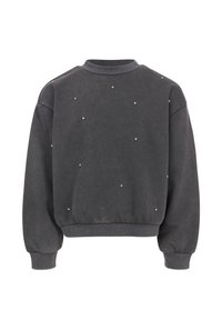 Grijze sweatshirt met een ronde hals, voorzien van verspreide kleine zilveren studs op de voorkant en geribbelde manchetten en zoom voor textuur.