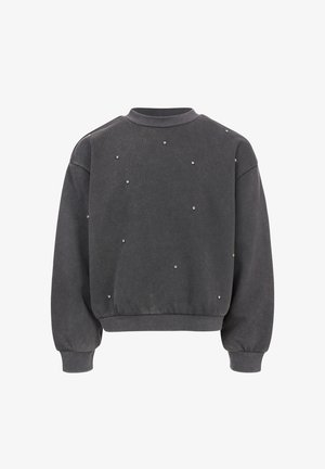 Grijze sweatshirt met een ronde hals, voorzien van verspreide kleine zilveren studs op de voorkant en geribbelde manchetten en zoom voor textuur.