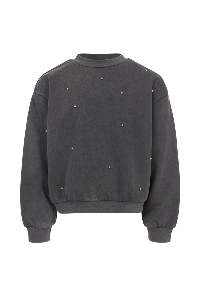 Grijze sweatshirt met een ronde hals, voorzien van verspreide kleine zilveren studs op de voorkant en geribbelde manchetten en zoom voor textuur.