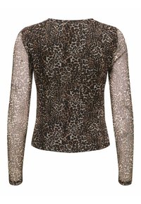 Langærmet top med leopardmønster, der har en tætsiddende pasform og gennemsigtigt materiale i nuancer af brun og sort.