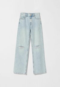 Ljusblå denimjeans med hög midja, vida ben och hål vid knäna. Har fem fickor och knäppning vid midjan.