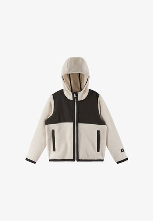 Fleece jack met capuchon, met een crèmekleurig lichaam, zwarte schouderpanelen, een ritssluiting aan de voorkant en zijzakken. Mix van texturen.