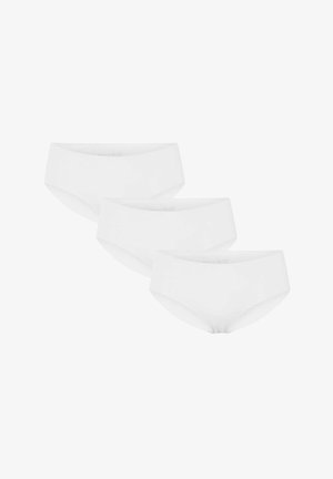 Három egyszínű fehér, varrás nélküli hipster stílusú női alsónemű fehér háttéren, egymáson átfedve kiállítva.