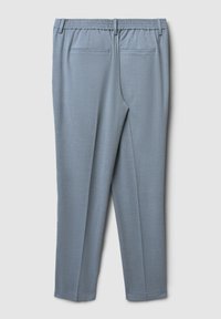 Pantaloni azzurri con una cintura elastica, taglio aderente, due tasche posteriori e un tessuto liscio e strutturato.