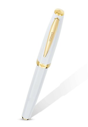 Bela in zlata luksuzna pisala s podpisom Versace na sponki in obroču, prikazana pod kotom na belem ozadju.