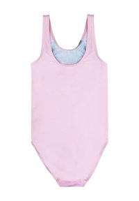 Costume da bagno intero rosa con scollatura tonda, spalline sottili e una texture liscia. All'interno presenta una fodera azzurra chiara.