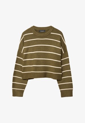 Olivovo zelený krátky sveter s bielymi vodorovnými pruhmi, okrúhlym výstrihom a rebrovanými manžetami. Vyrobený z textúrovanej pleteniny.