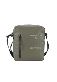 Borsa a tracolla verde in nylon con una tasca frontale con zip, hardware nero e testo stampato. Presenta una tracolla regolabile per una maggiore versatilità.