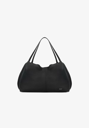 Sac hobo en cuir noir avec deux fines sangles, texture douce, silhouette arrondie et accent logo argenté en bas à droite.
