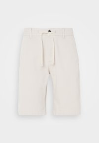 Short beige longueur genou avec taille élastique, fermeture par bouton, passants de ceinture et cordon de serrage à l'avant.