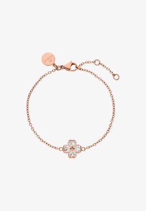 Armbanduhr aus Roségold mit einem Blumendesign, das vier herzförmige klare Kristalle in der Mitte zeigt, sowie einem Karabinerhakenverschluss.