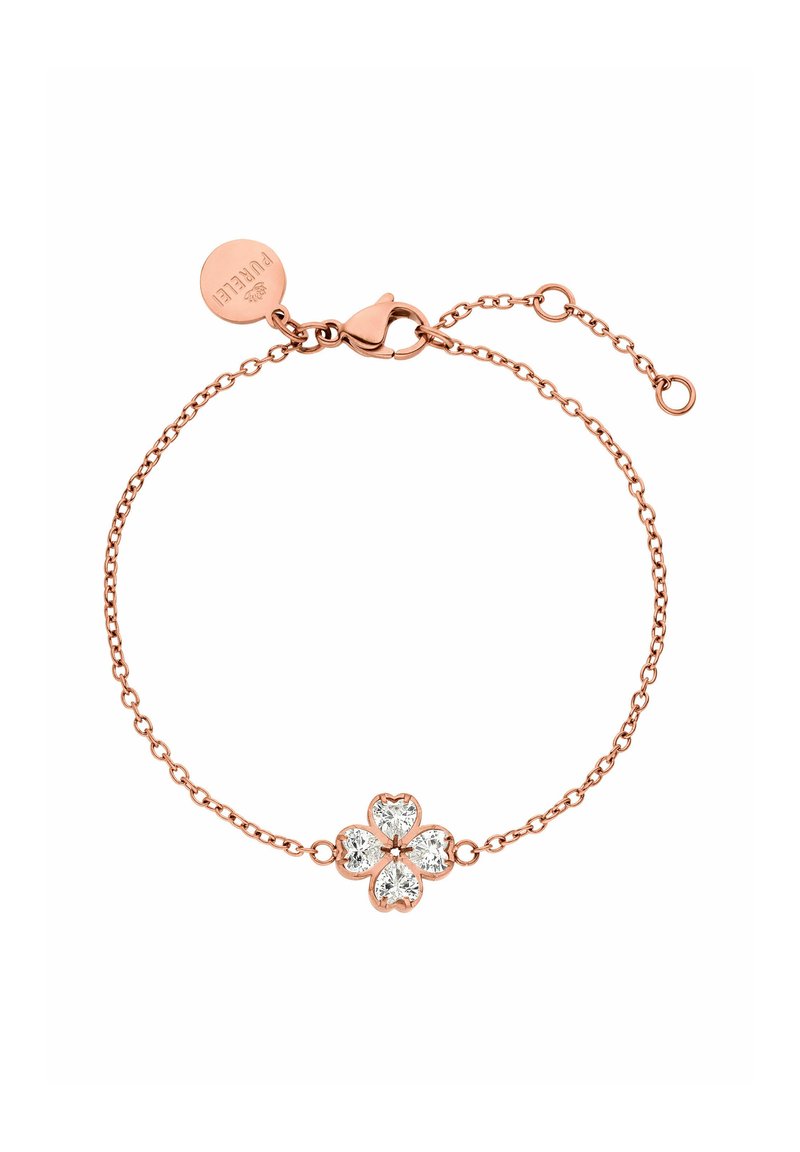 Armbanduhr aus Roségold mit einem Blumendesign, das vier herzförmige klare Kristalle in der Mitte zeigt, sowie einem Karabinerhakenverschluss.