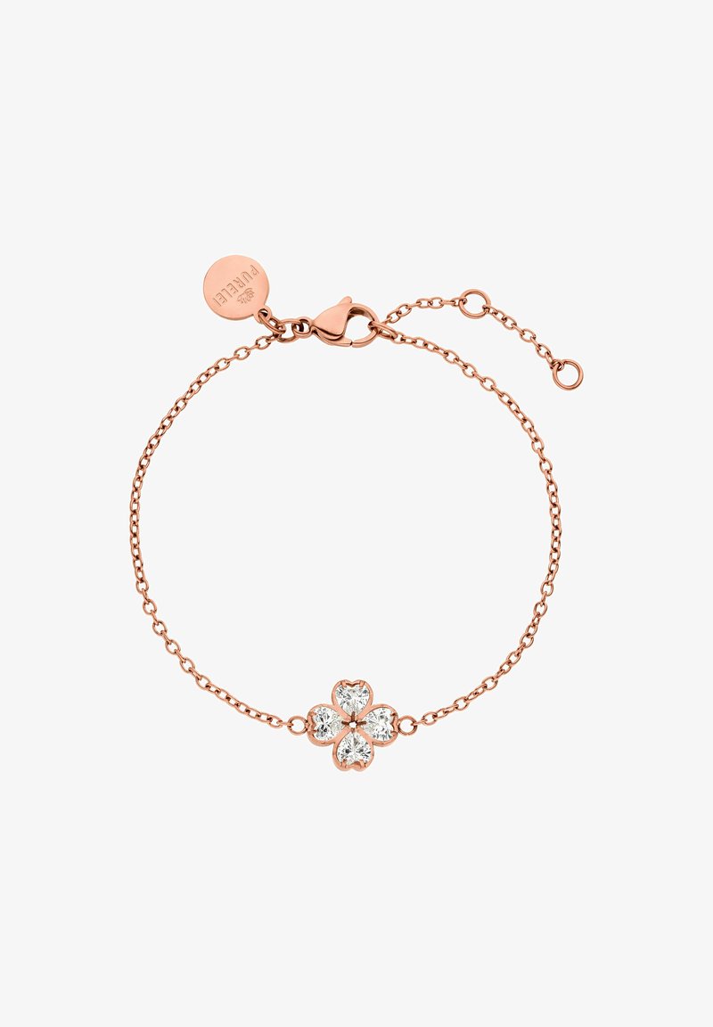 Armbanduhr aus Roségold mit einem Blumendesign, das vier herzförmige klare Kristalle in der Mitte zeigt, sowie einem Karabinerhakenverschluss.
