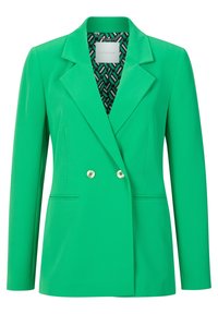Dwurzędowa zielona marynarka z ostrymi klapami, dwoma przednimi kieszeniami i kontrastową, wzorzystą podszewką. Gładka faktura i dopasowany krój.