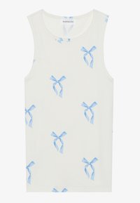 White tank top with blue bow patterns, made of soft cotton material. Features a round neckline and sleeveless design for comfort.