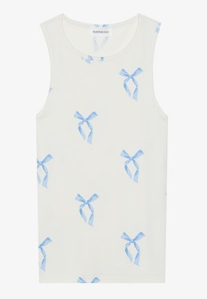 Weißes Tanktop mit blauen Schleifenmustern, aus weichem Baumwollmaterial gefertigt. Verfügt über einen runden Halsausschnitt und ein ärmelloses Design für Komfort.