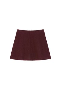 Bordowa, wełniana mini spódnica o kroju A, charakteryzująca się czystym designem, bez widocznych zapięć czy ozdób. Miękka w dotyku, lekka.