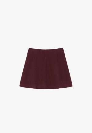 Bordowa, wełniana mini spódnica o kroju A, charakteryzująca się czystym designem, bez widocznych zapięć czy ozdób. Miękka w dotyku, lekka.