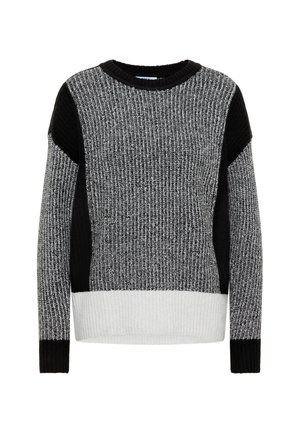 Pletený svetr s barevným blokem v černé, šedé a bílé barvě; žebrovaná struktura; kulatý výstřih; dlouhé rukávy; a kontrastní manžety.