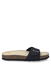 Sandalia negra con una sola correa y hebilla ajustable. Plantilla suave de color beige hecha de corcho y suela de goma con agarre texturizado.