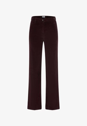 Pantalons en velours côtelé bourgogne avec une coupe droite, dotés d'une fermeture à bouton, de passants de ceinture et de poches latérales. Texture douce et léger éclat.