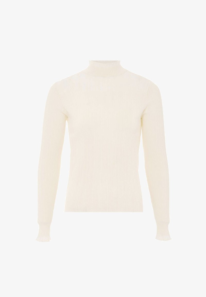 Cremefarbener, gerippter Rollkragenpullover mit langen Ärmeln. Besitzt eine figurnahe Passform und dezente Rüsche an den Bündchen. Hergestellt aus weichem Stoff.
