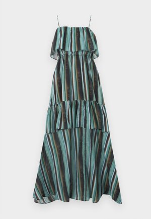 Rochie lungă fără mâneci cu bretele subțiri, având dungi verticale în culorile teal, negru, alb și maro, cu un design în straturi cu volane.