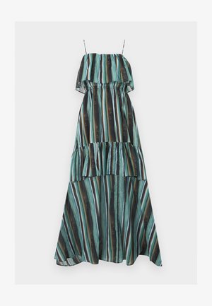 Lange mouwloze jurk met dunne bandjes, voorzien van verticale strepen in teal, zwart, wit en bruin, met een gerimpeld gelaagd ontwerp.