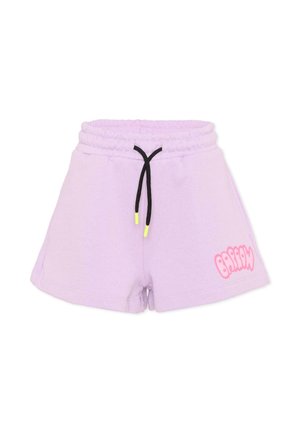 Shorts lilas à taille élastique avec un cordon noir et des embouts jaunes, arborant un texte rose "BRAIN" sur la partie inférieure droite de la jambe.