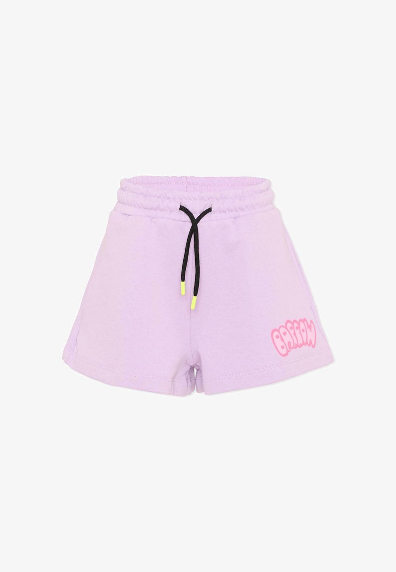 Pantalones cortos con cintura elástica lila, cordón negro con extremos amarillos, y texto rosa "BRAIN" en la parte inferior del lado derecho.