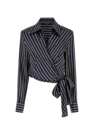 Marineblauw wikkelblouse met beige verticale strepen, lange mouwen, spitse kraag en zijstrik aan de taille.