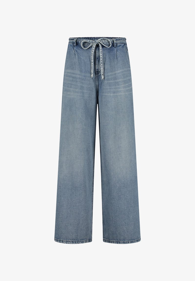 Light blue wide-leg jeans with an elastic waistband and adjustable drawstring. Features subtle fading and contrast stitching throughout.