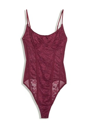 Body in pizzo color amaranto con sottili spalline regolabili, coppe con ferretto, motivo floreale e chiusura a scatto nell’inguine.