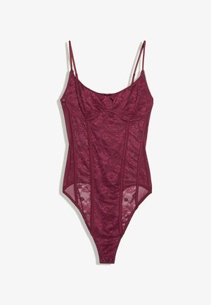 Body in pizzo color amaranto con sottili spalline regolabili, coppe con ferretto, motivo floreale e chiusura a scatto nell’inguine.